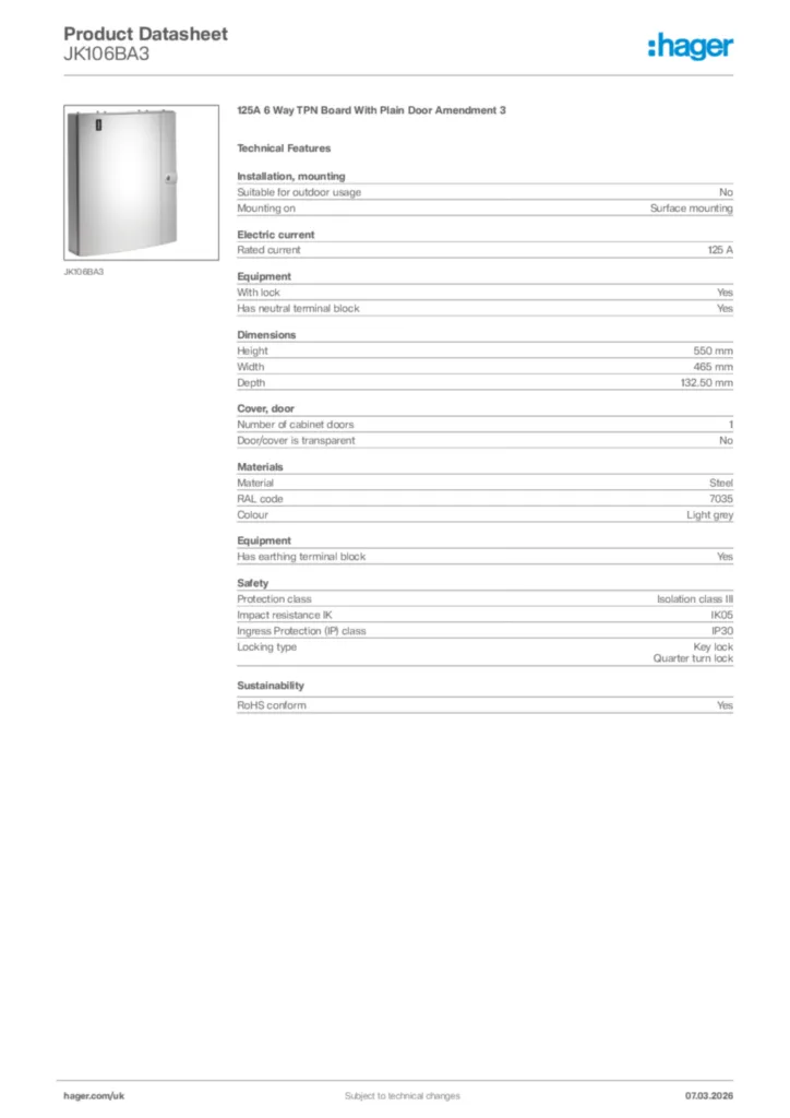 Image Hager Product data sheet JK106BA3  | Hager