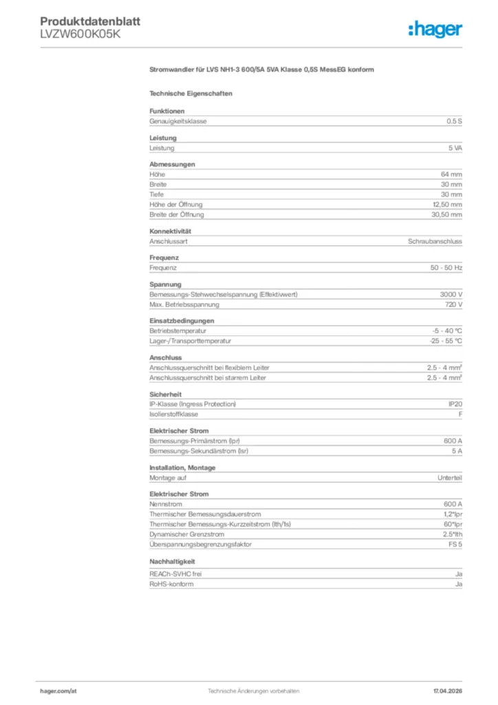 Bild Hager Produktdatenblatt LVZW600K05K | Hager Deutschland