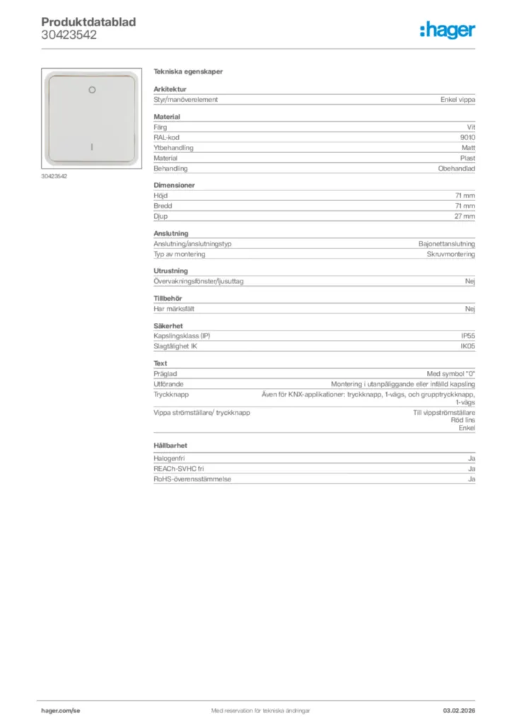 Bild Hager Produktdatablad 30423542 | Hager Sverige