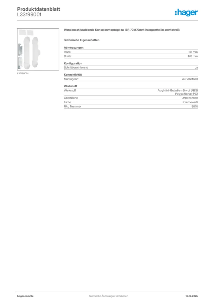Bild Hager Produktdatenblatt L33199001 | Hager Deutschland