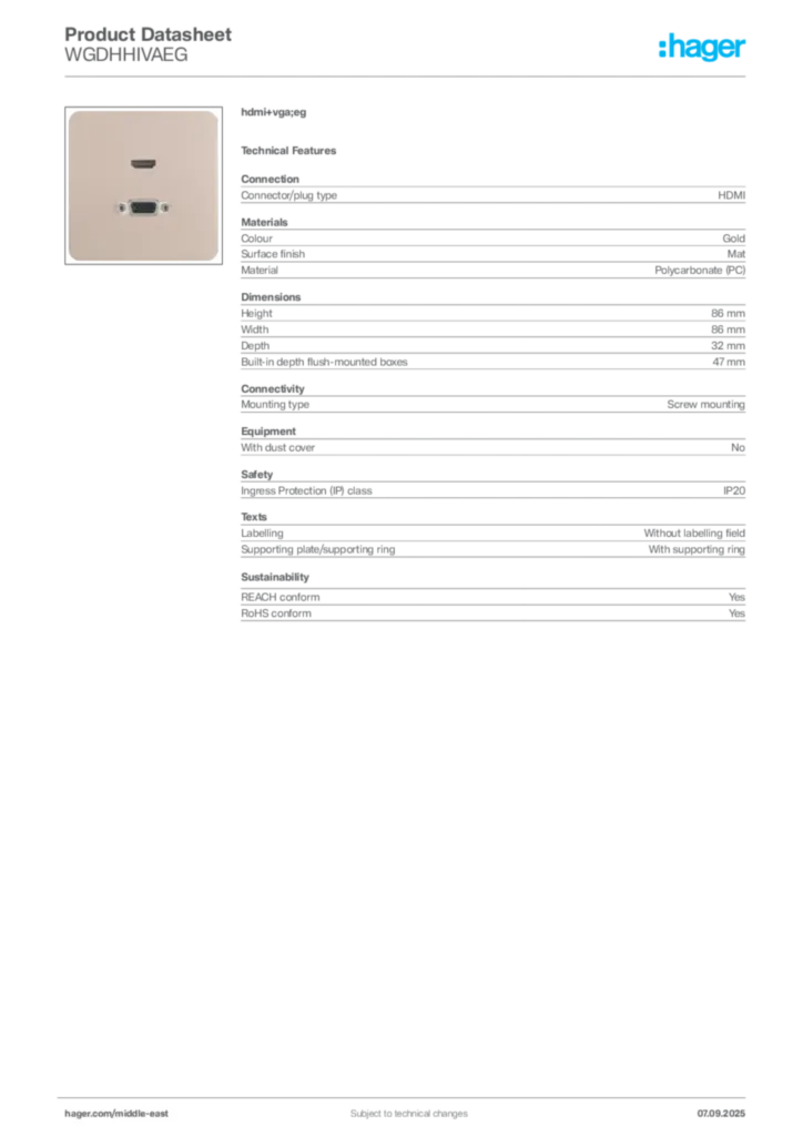 Image Hager Product data sheet WGDHHIVAEG  | Hager