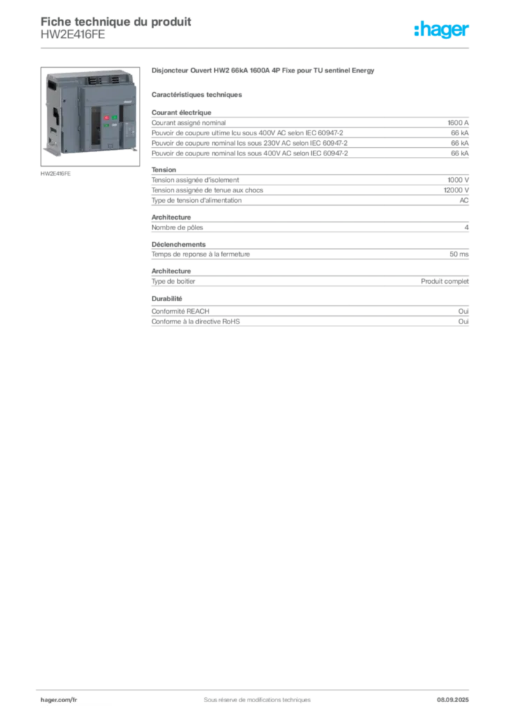 Image Hager Fiche technique du produit HW2E416FE | Hager France