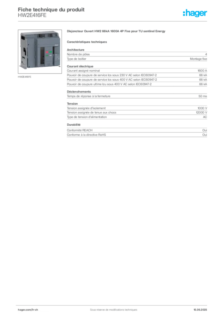 Image Hager Fiche technique du produit HW2E416FE | Hager Suisse