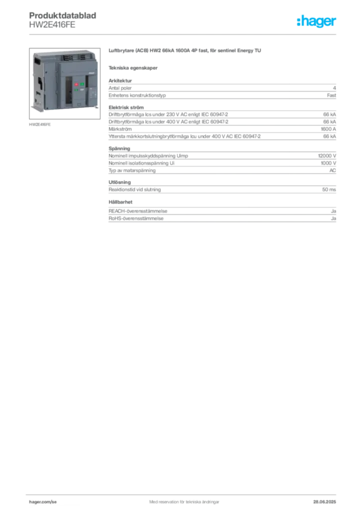 Bild Hager Produktdatablad HW2E416FE | Hager Sverige