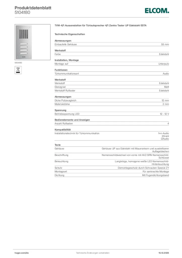 Bild Elcom Produktdatenblatt 5104180 | Hager Deutschland