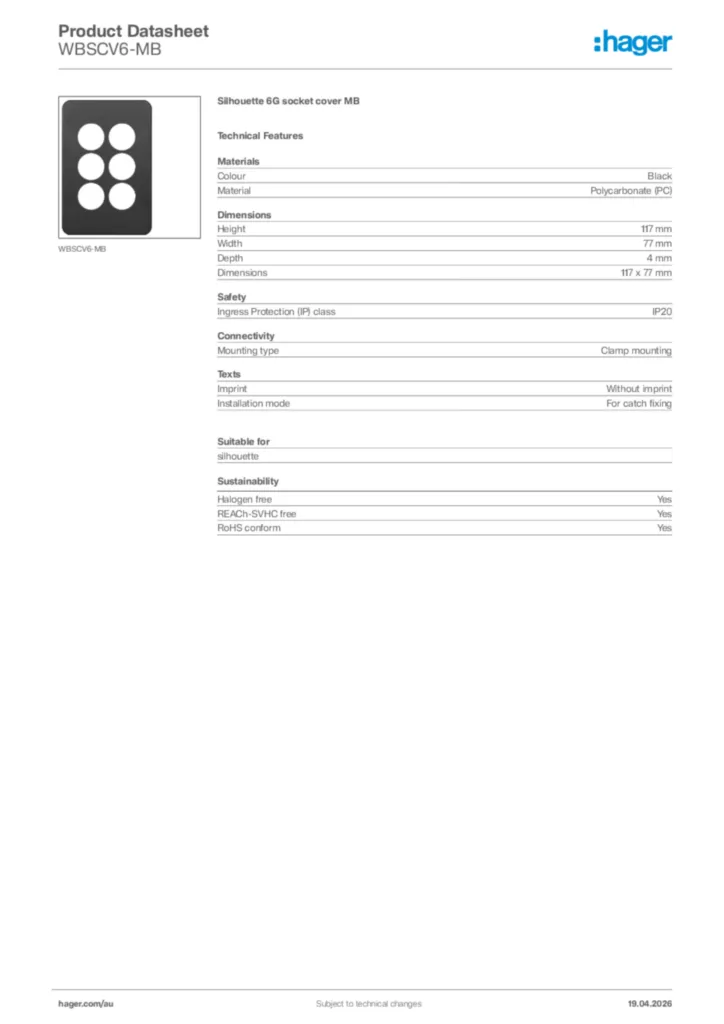 Image Hager Product data sheet WBSCV6-MB  | Hager Australia