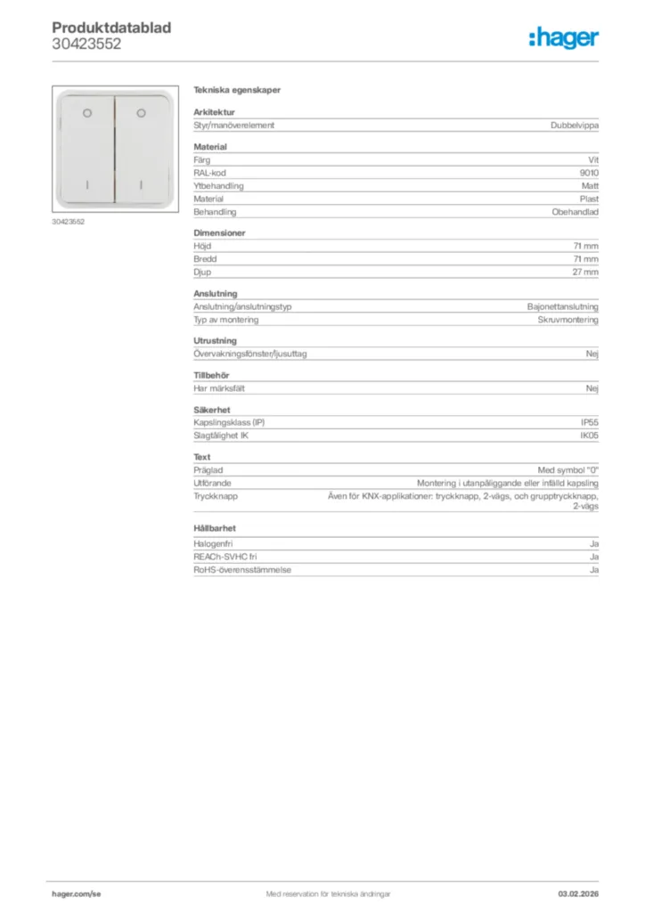 Bild Hager Produktdatablad 30423552 | Hager Sverige