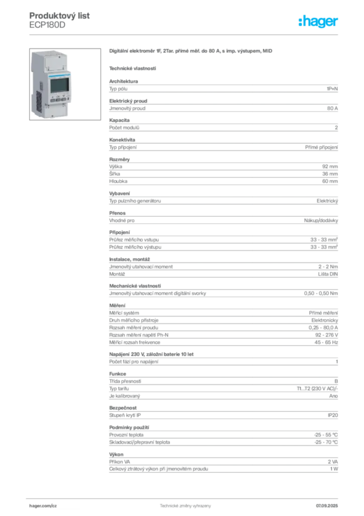 Obrázek Hager Produktový list ECP180D | Hager