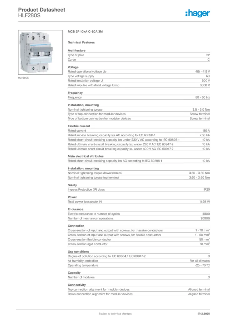 Image Hager Product data sheet HLF280S  | Hager Africa