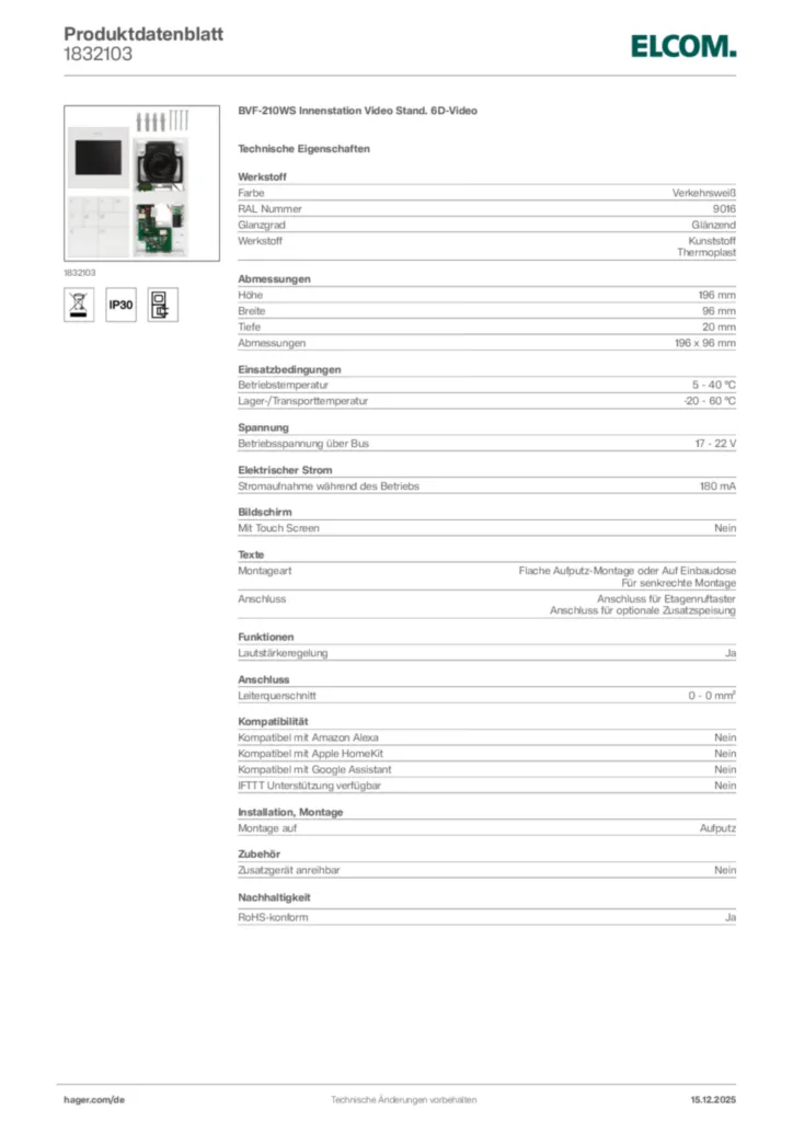 Bild Elcom Produktdatenblatt 1832103 | Hager Deutschland
