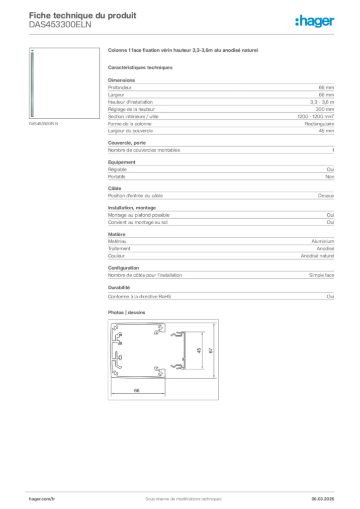 Image Hager Fiche technique du produit DAS453300ELN | Hager France