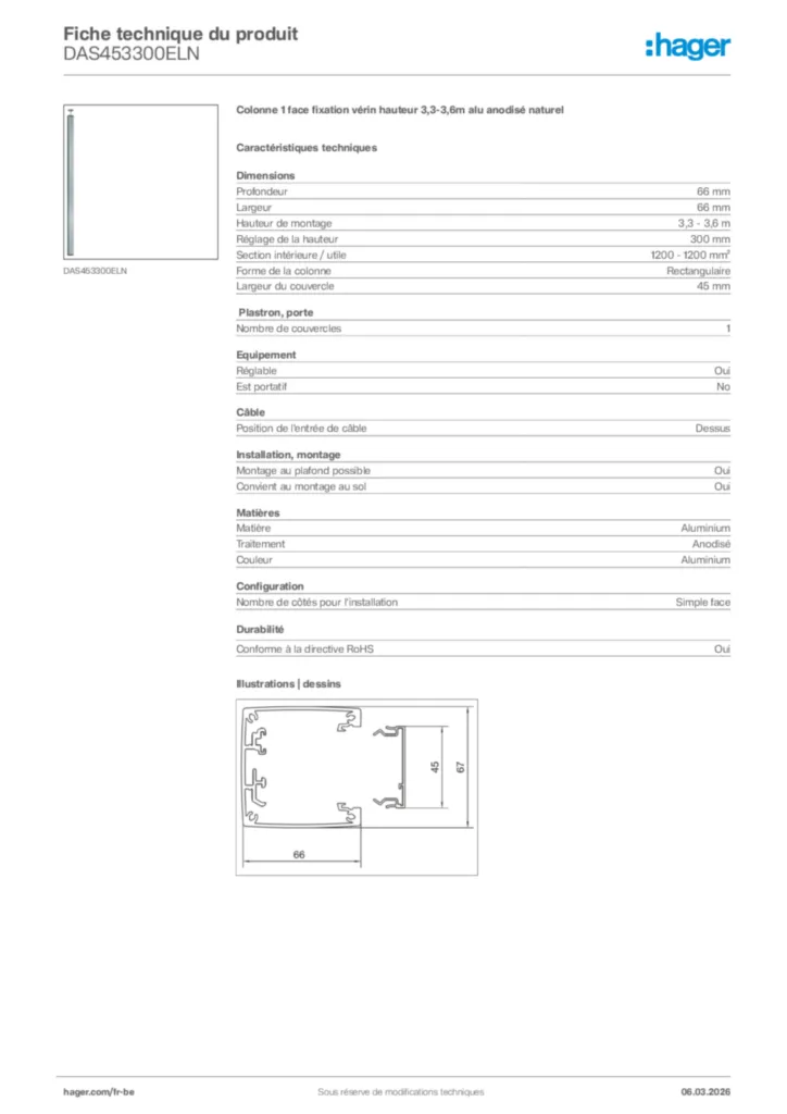 Image Hager Fiche technique du produit DAS453300ELN | Hager Belgique