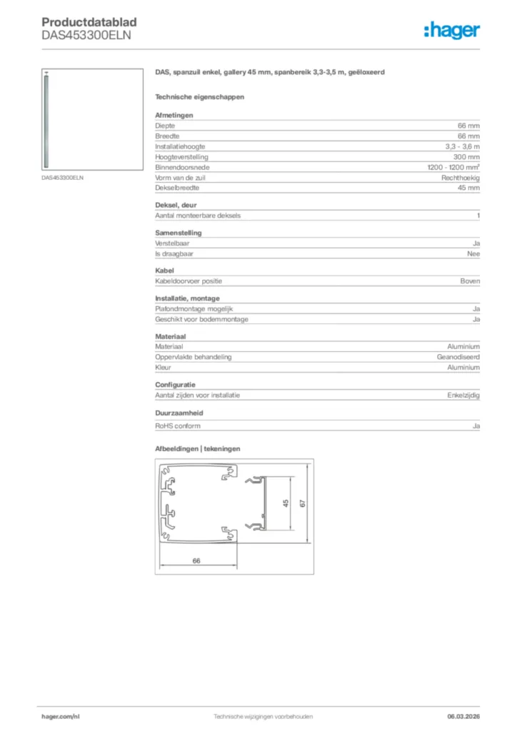 Afbeelding Hager Productdatablad DAS453300ELN | Hager Nederland