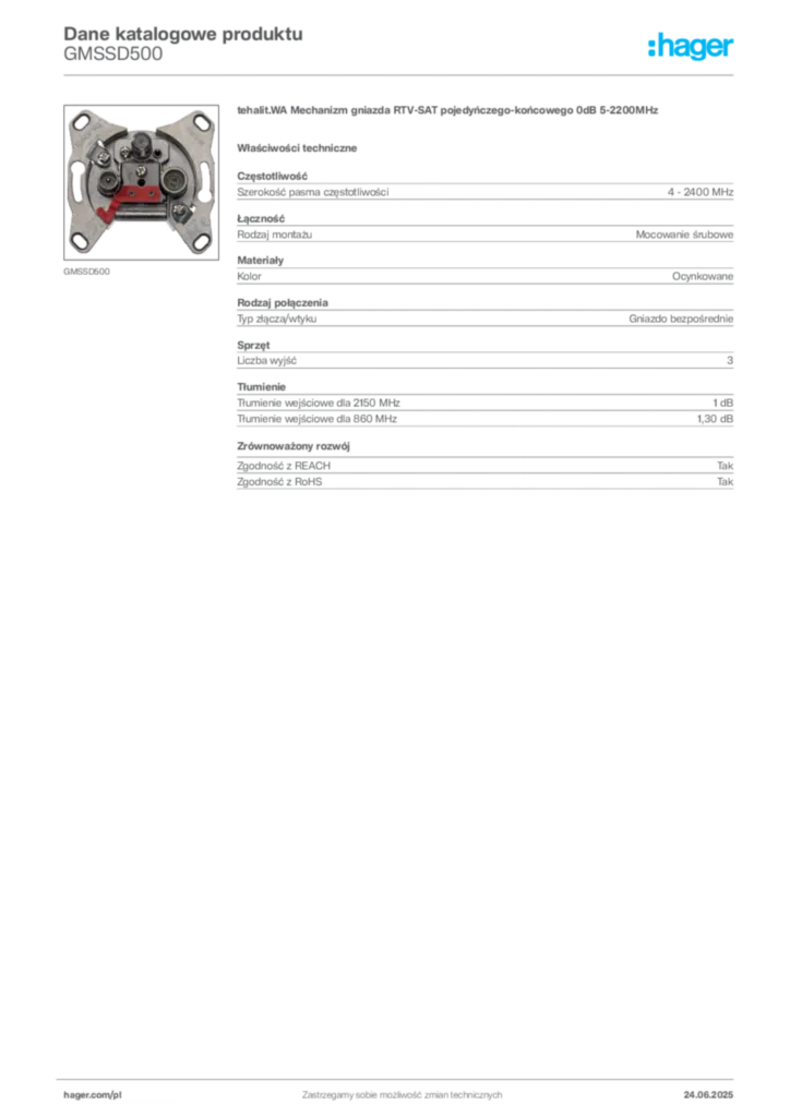 Zdjęcie Hager Karta katalogowa GMSSD500 | Hager Polska