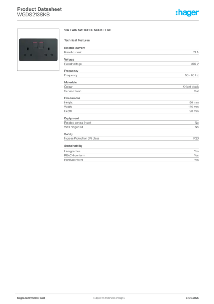 Image Hager Product data sheet WGDS213SKB  | Hager