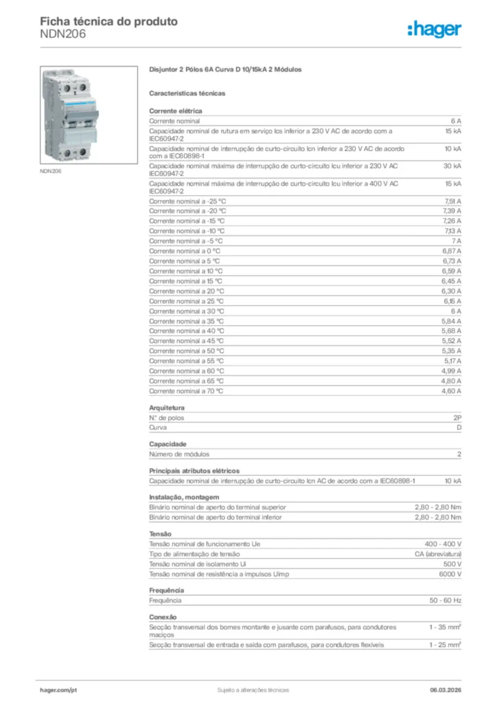 Imagem Hager Ficha técnica do produto NDN206 | Hager Portugal