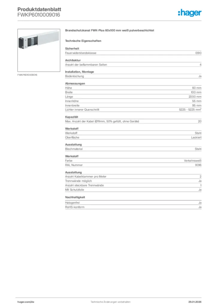 Hager Produktdatenblatt FWKP6010009016