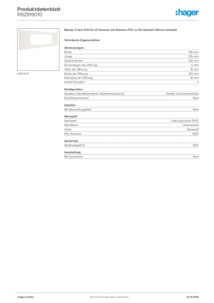 Bild Hager Produktdatenblatt R82919010 | Hager Deutschland