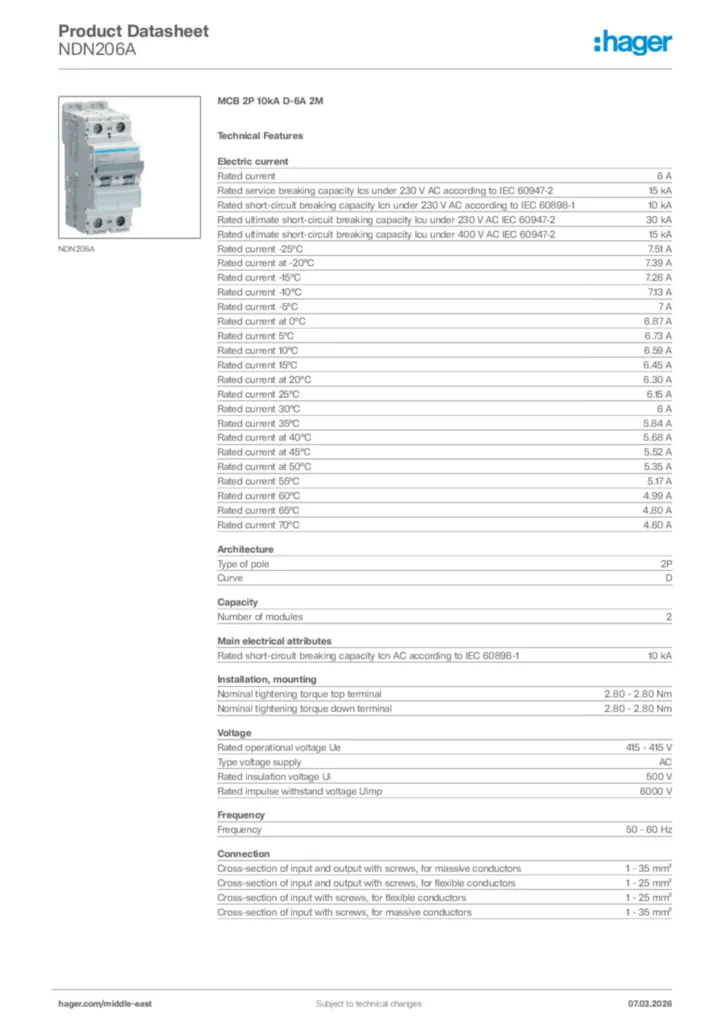 Image Hager Product data sheet NDN206A  | Hager
