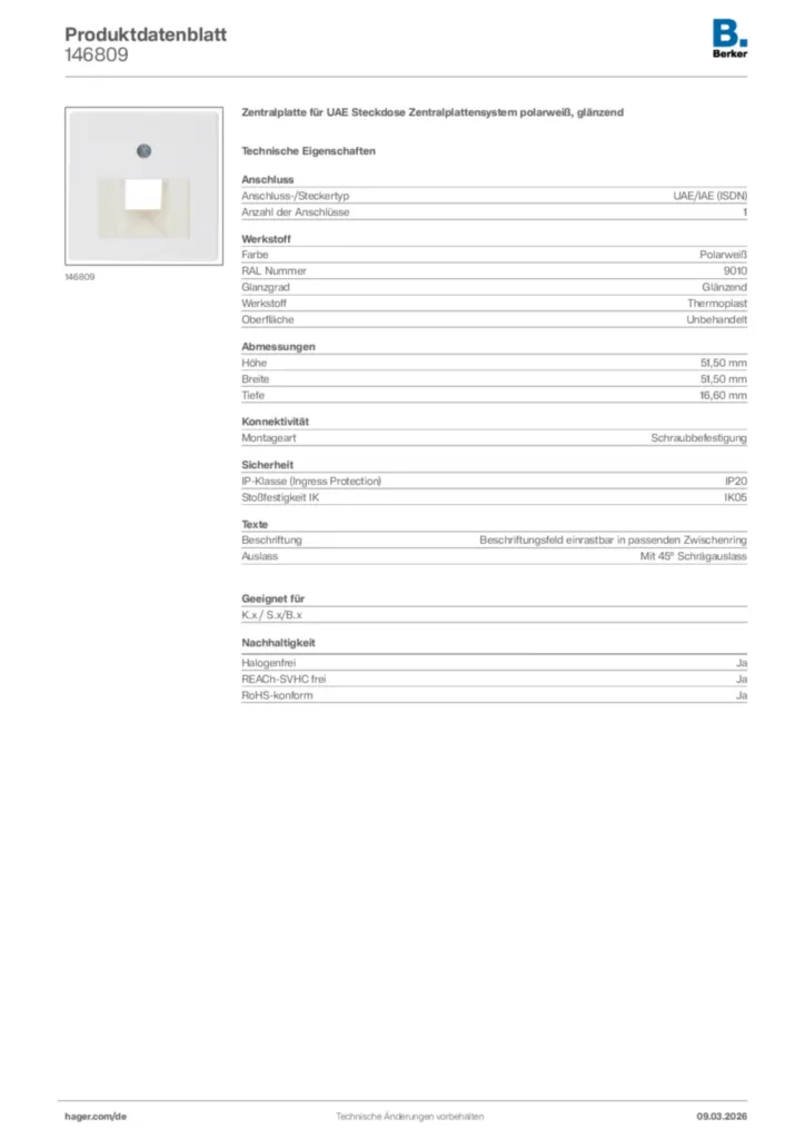 Bild Berker Produktdatenblatt 146809 | Hager Deutschland