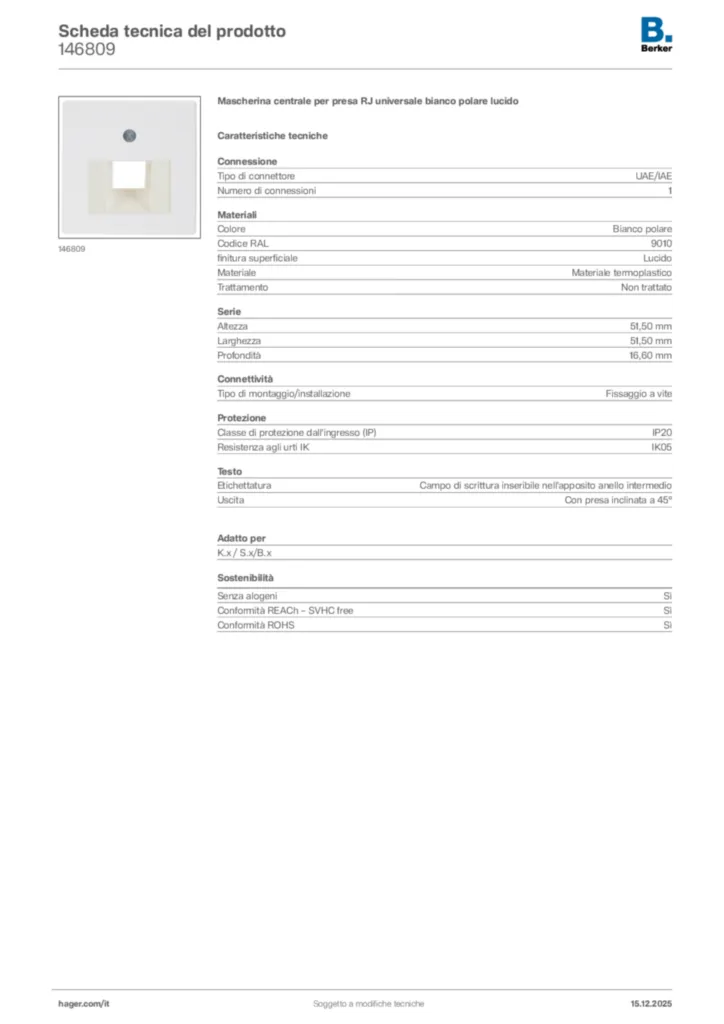 Immagine Berker Scheda tecnica del prodotto 146809 | Hager Italia