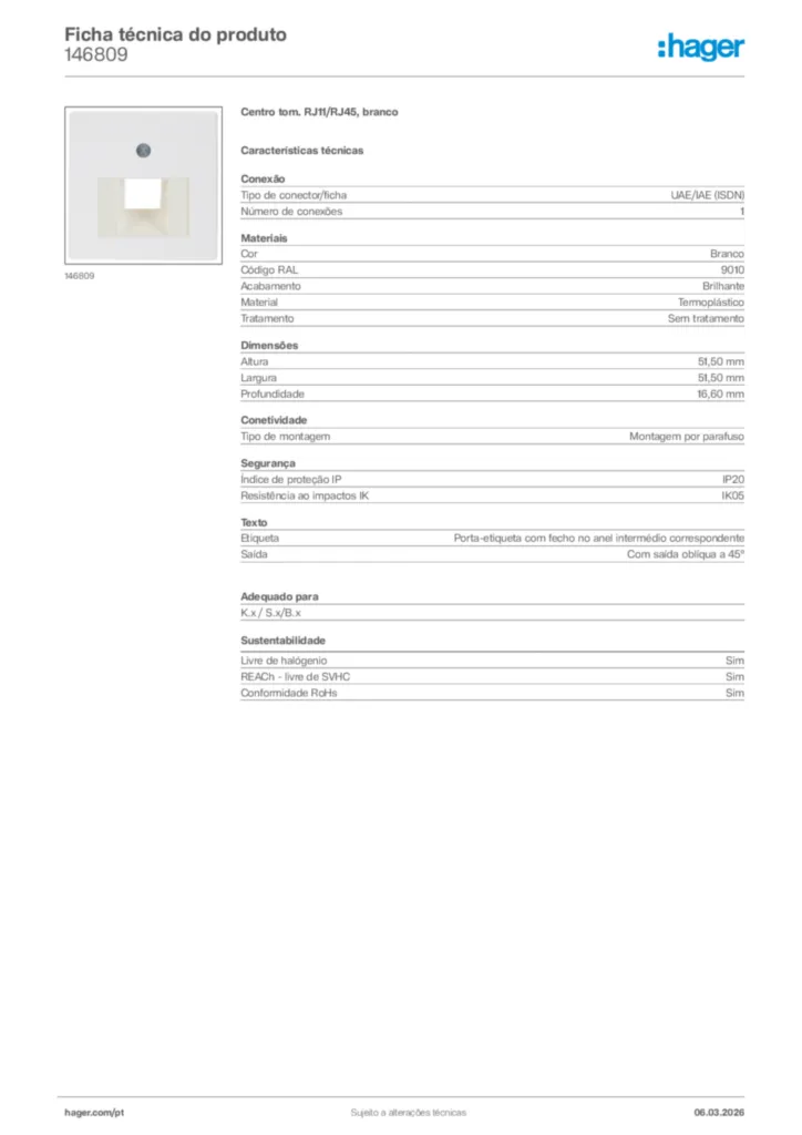 Imagem Hager Ficha técnica do produto 146809 | Hager Portugal