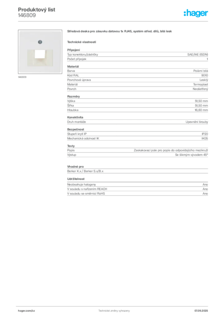 Obrázek Hager Produktový list 146809 | Hager