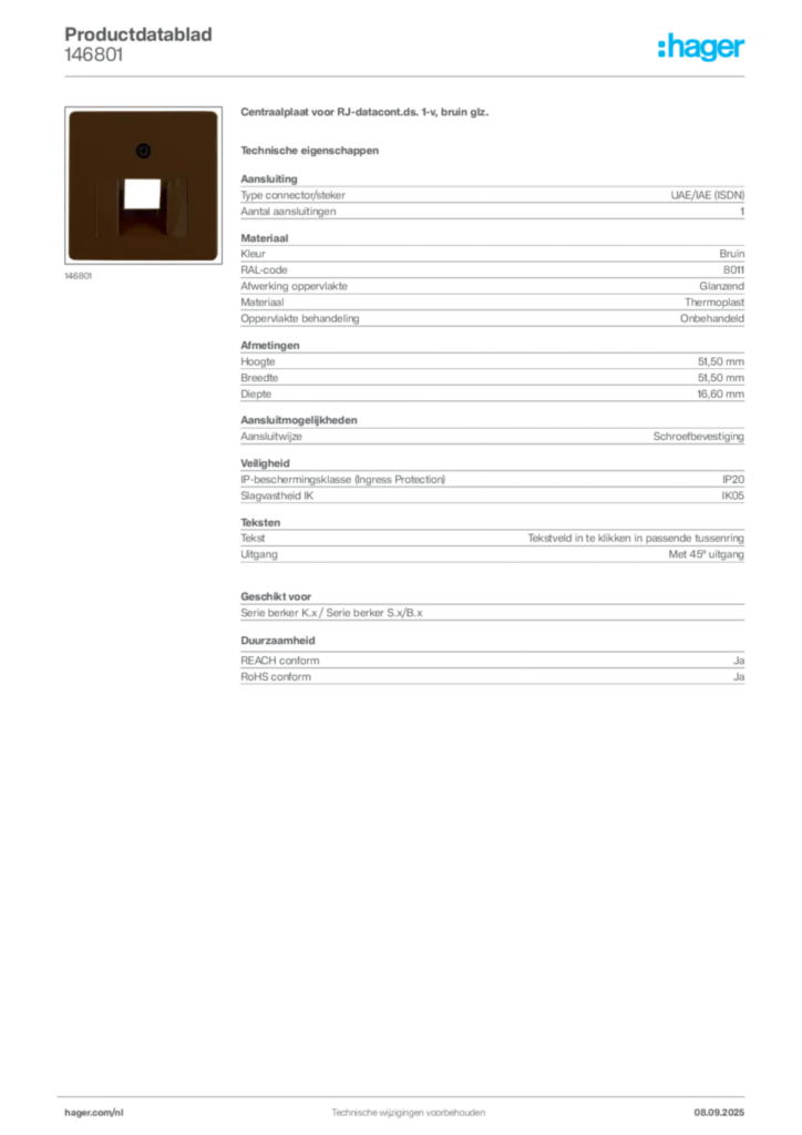 Afbeelding Hager Productdatablad 146801 | Hager Nederland