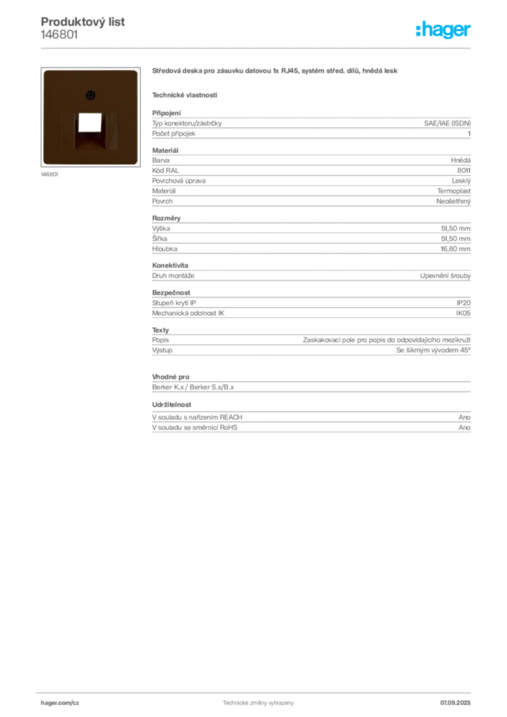 Obrázek Hager Produktový list 146801 | Hager