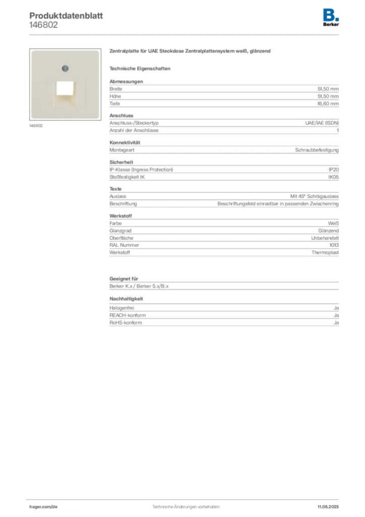 Bild Berker Produktdatenblatt 146802 | Hager Deutschland