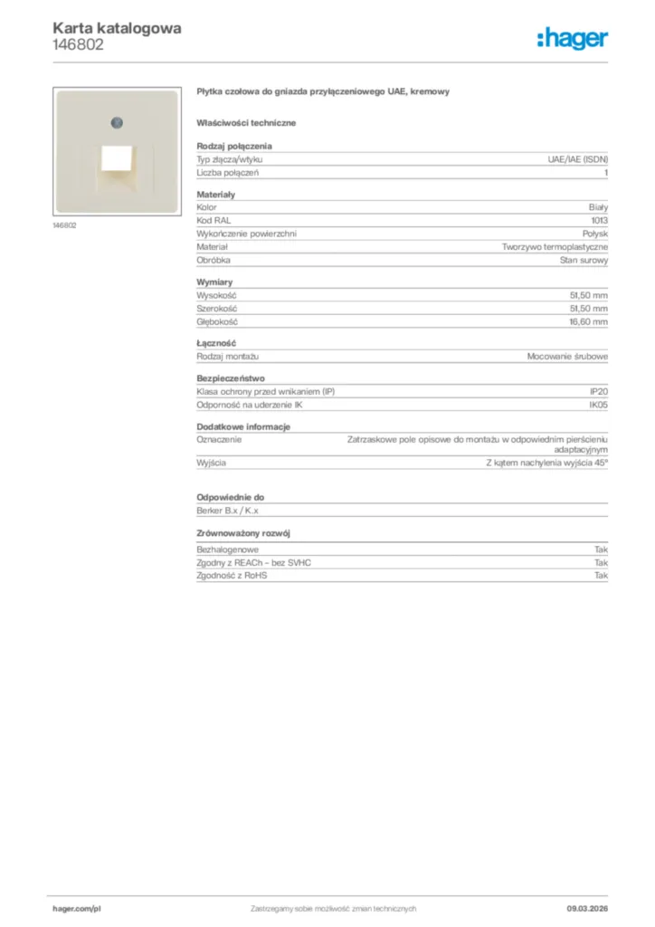 Zdjęcie Hager Karta katalogowa 146802 | Hager Polska