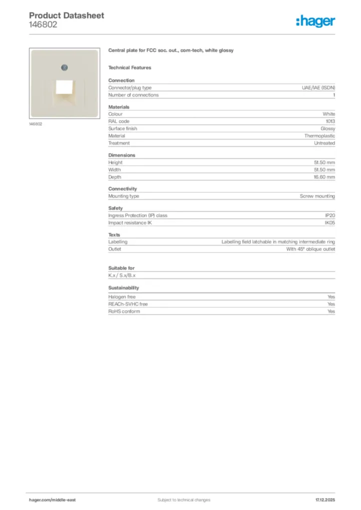 Image Hager Product data sheet 146802  | Hager