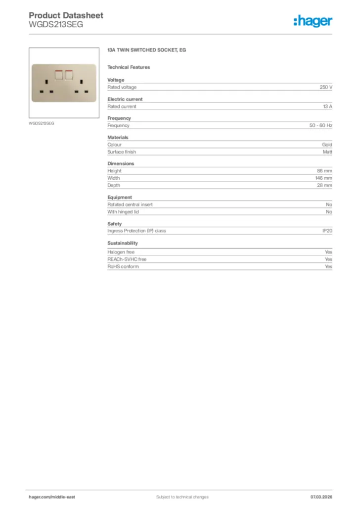 Image Hager Product data sheet WGDS213SEG  | Hager