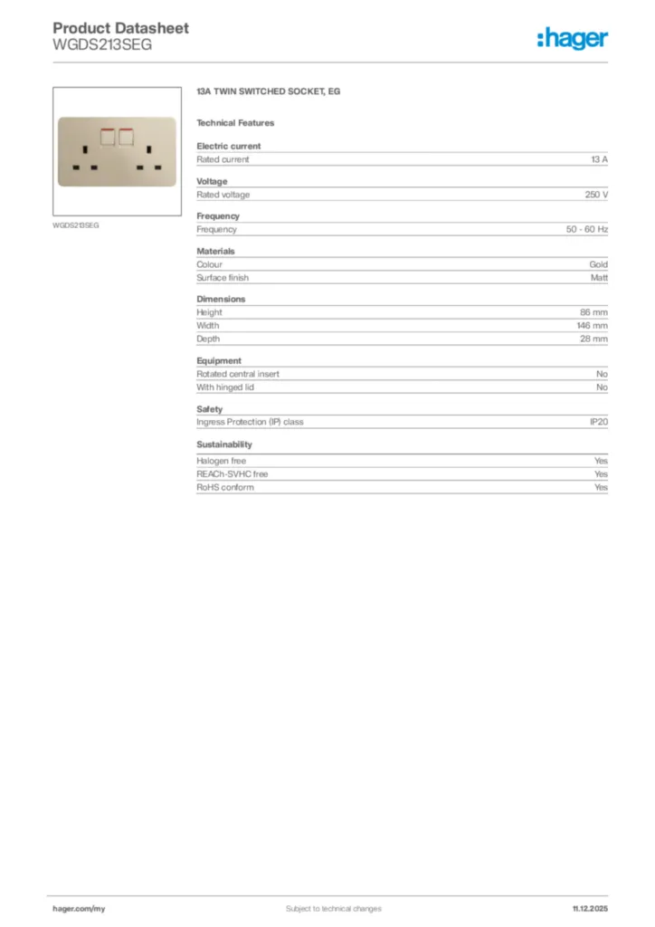 Image Hager Product data sheet WGDS213SEG  | Hager