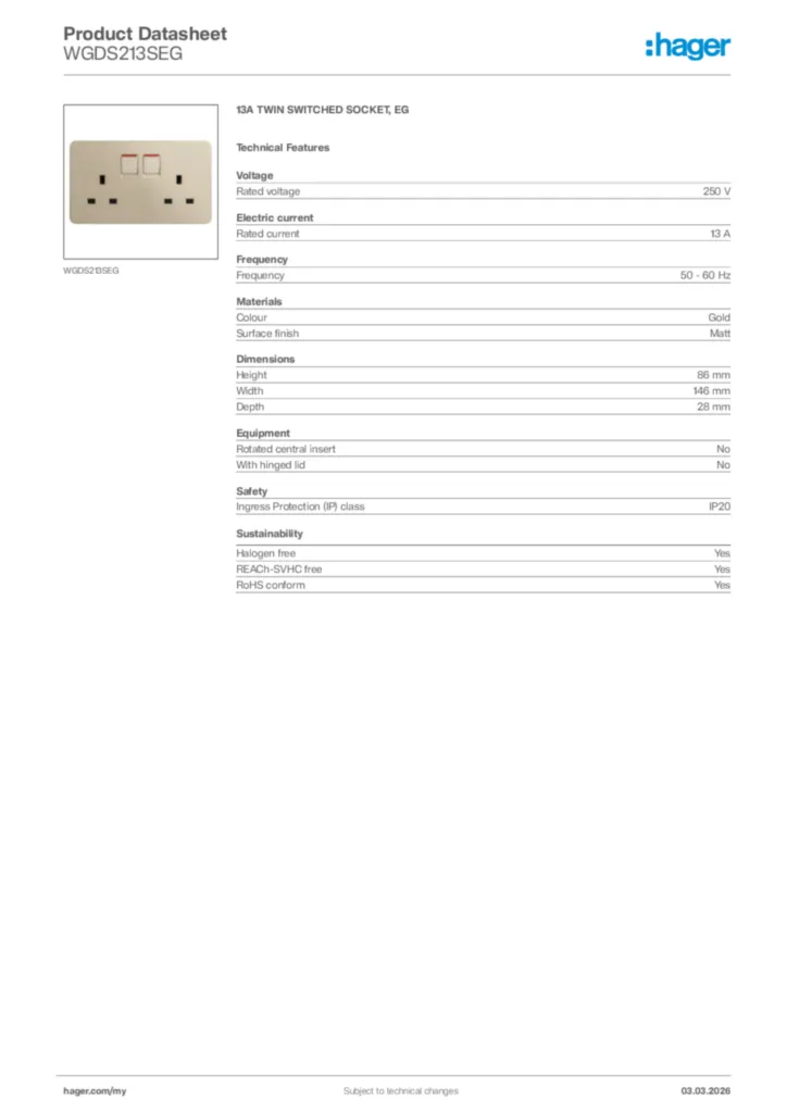 Image Hager Product data sheet WGDS213SEG  | Hager