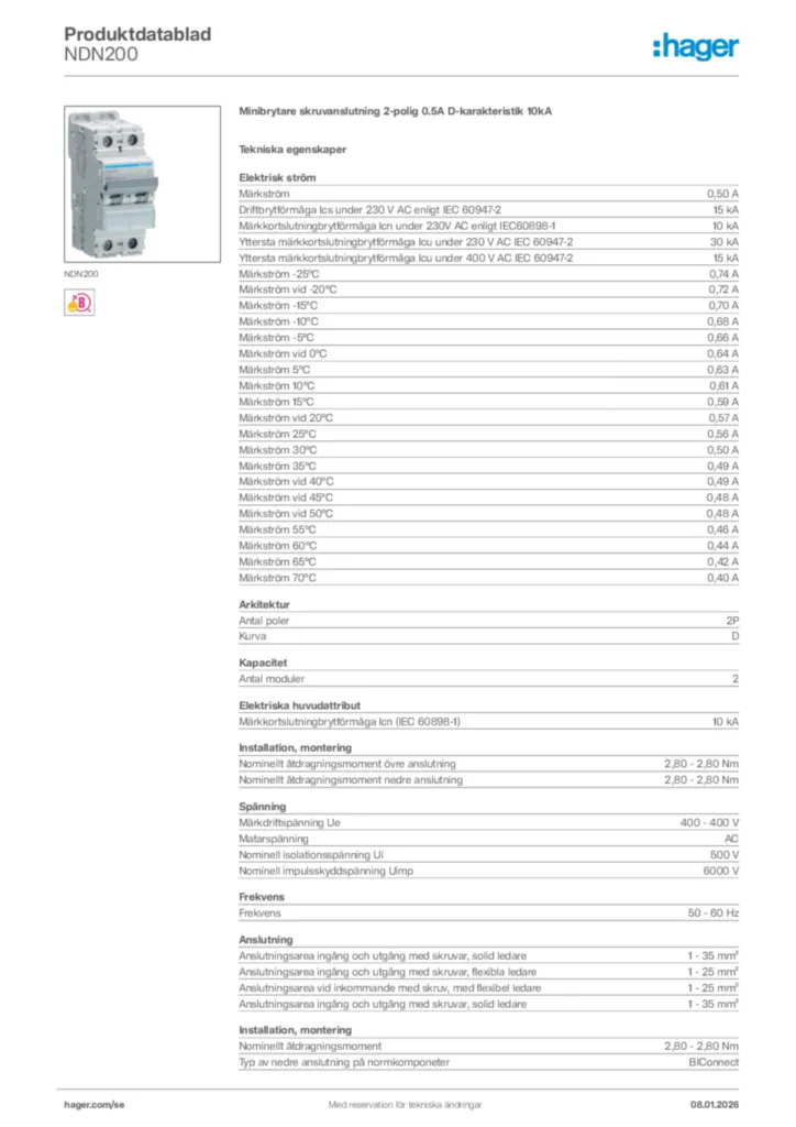 Bild Hager Produktdatablad NDN200 | Hager Sverige