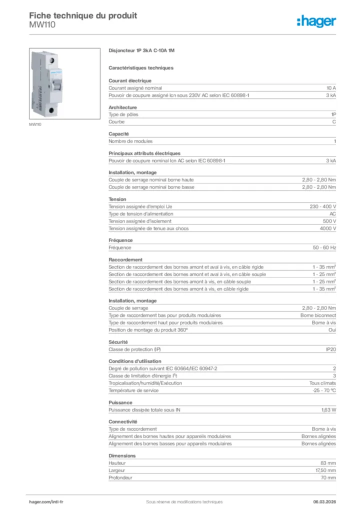 Image Hager Fiche technique du produit MW110 | Hager Afrique