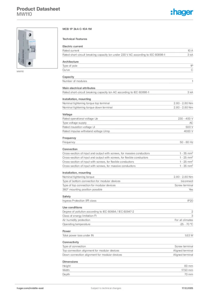 Image Hager Product data sheet MW110  | Hager