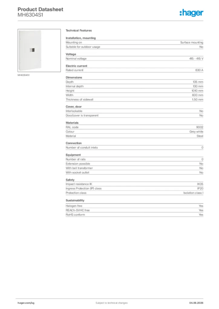 Image Hager Product data sheet MH6304S1  | Hager