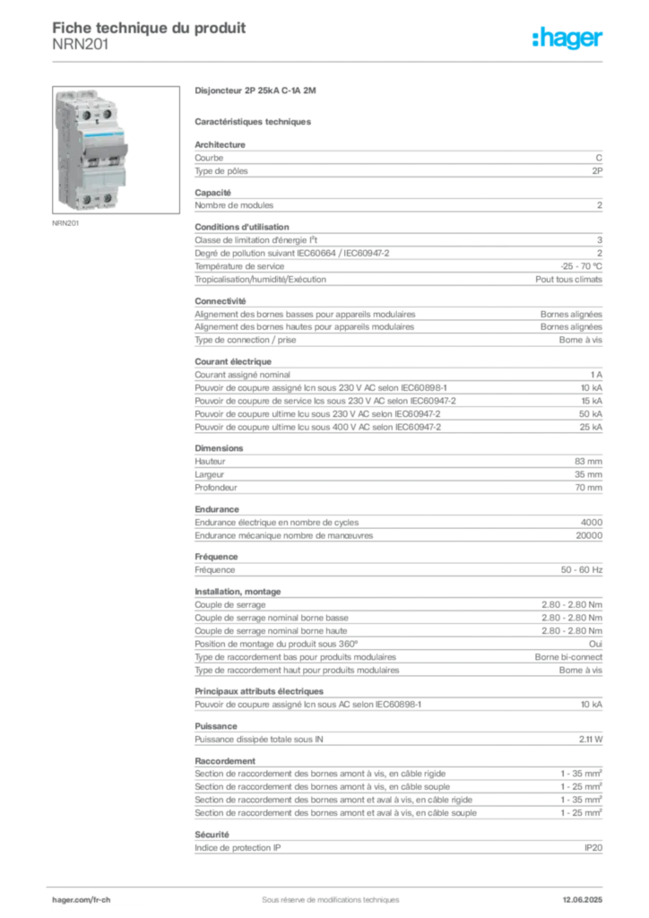 Image Hager Fiche technique du produit NRN201 | Hager Suisse