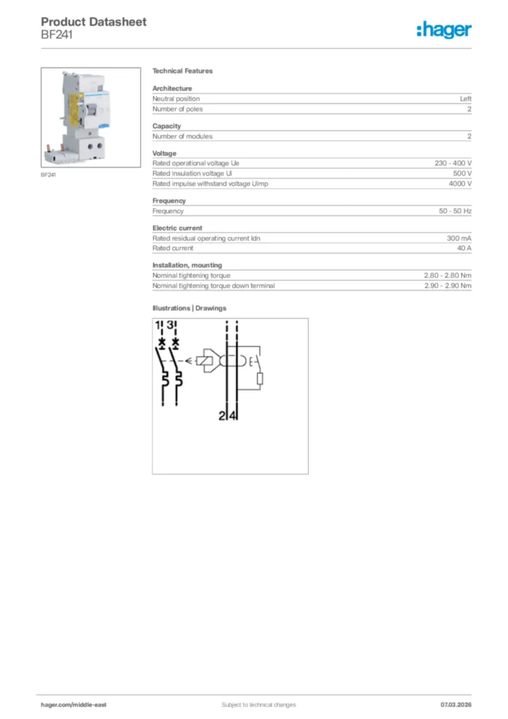Image Hager Product data sheet BF241  | Hager