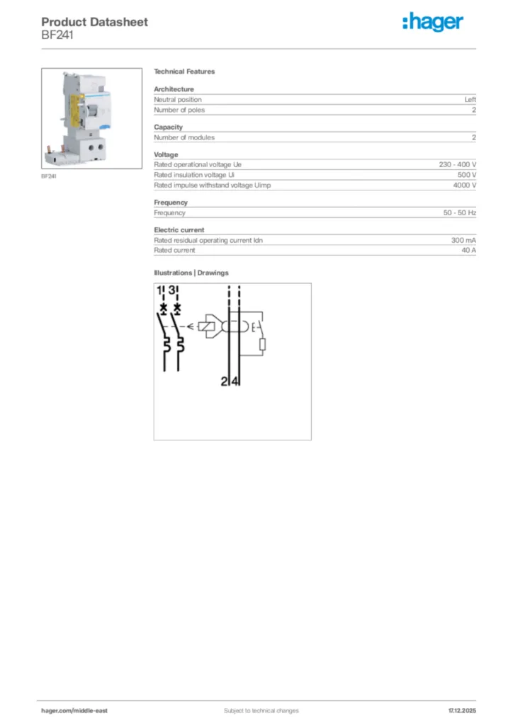 Image Hager Product data sheet BF241  | Hager