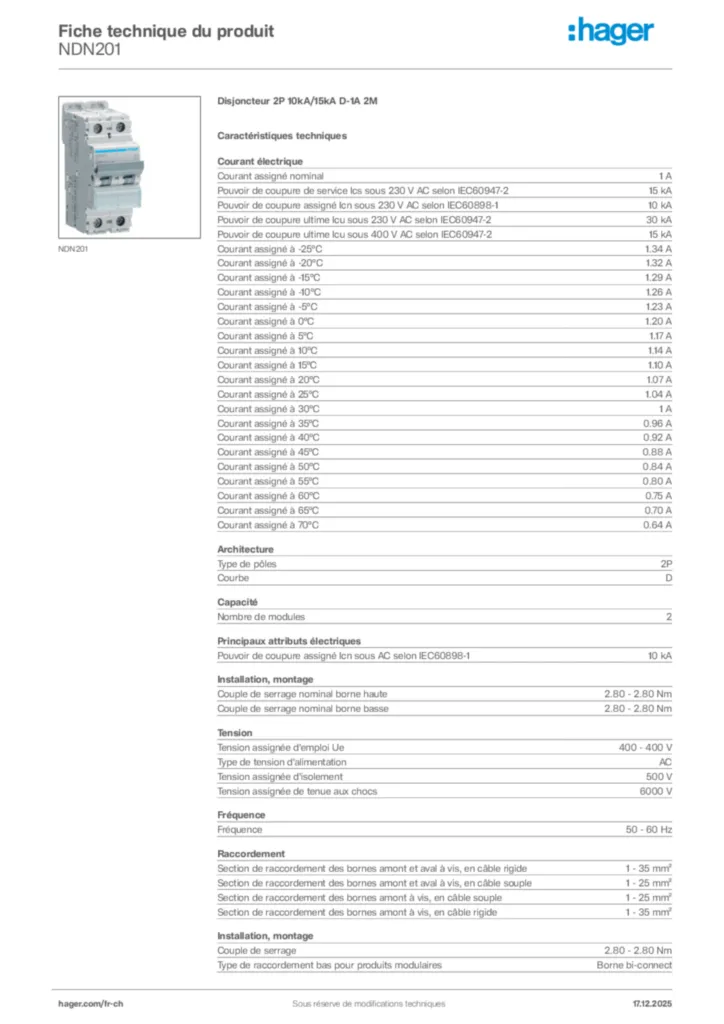 Image Hager Fiche technique du produit NDN201 | Hager Suisse