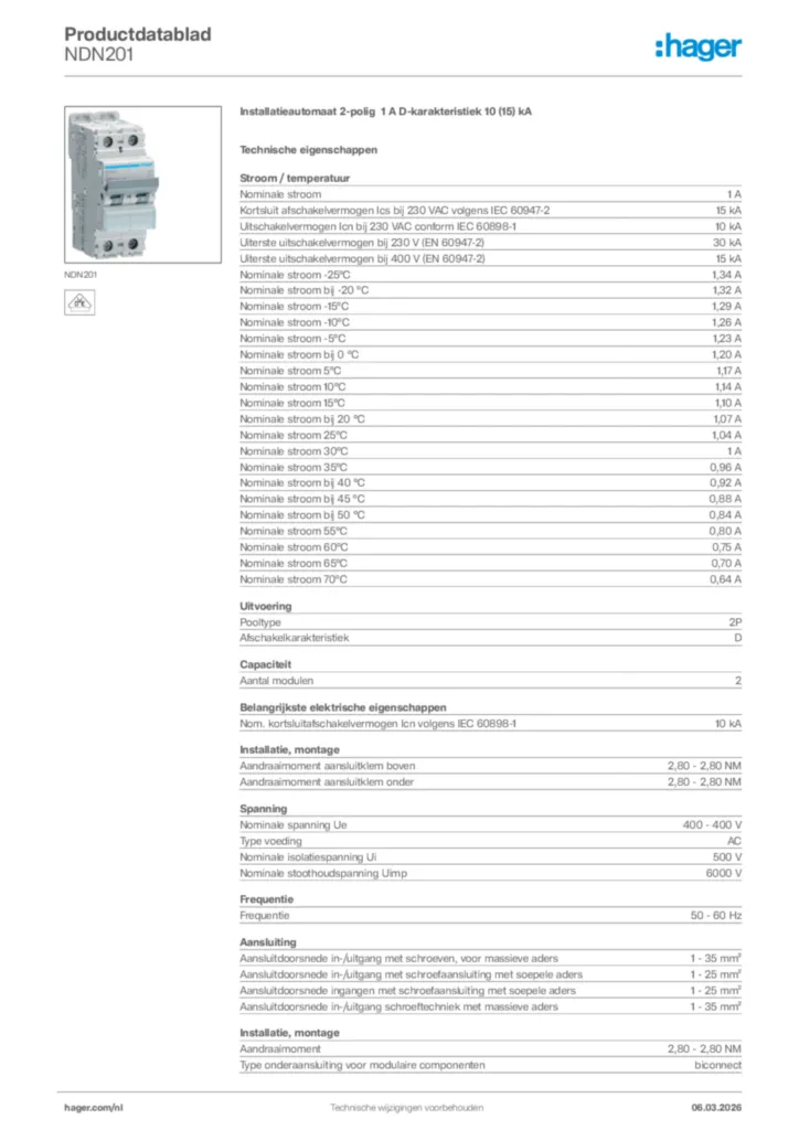 Afbeelding Hager Productdatablad NDN201 | Hager Nederland