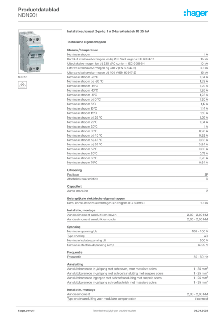 Afbeelding Hager Productdatablad NDN201 | Hager Nederland
