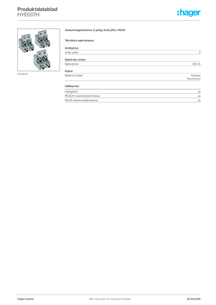 Bild Hager Produktdatablad HYE007H | Hager Sverige