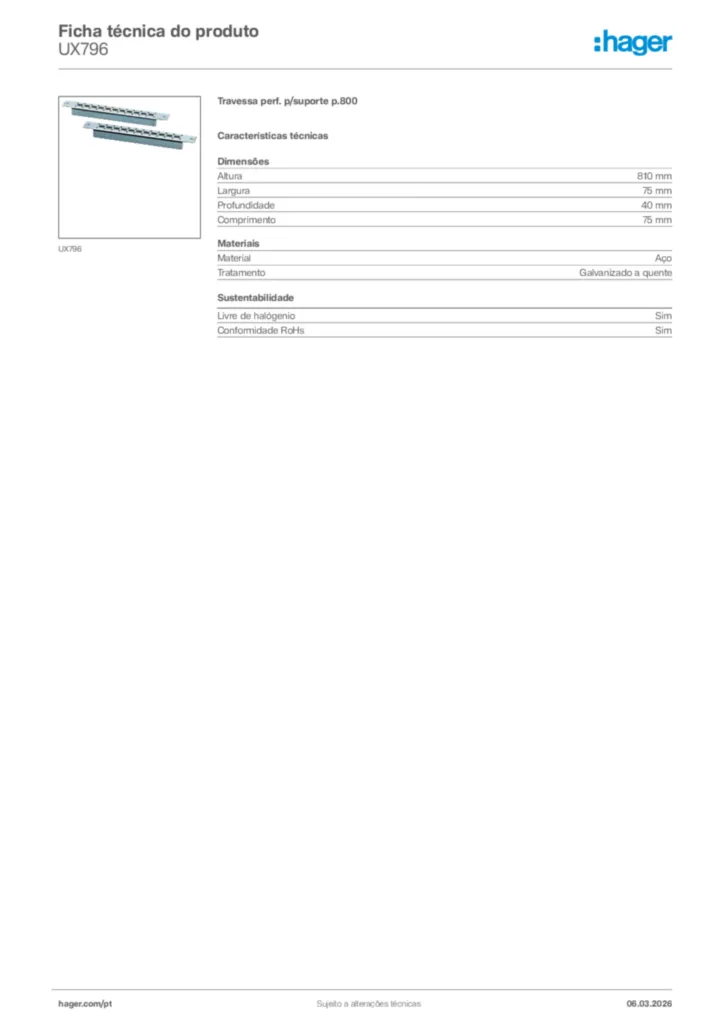 Imagem Hager Ficha técnica do produto UX796 | Hager Portugal