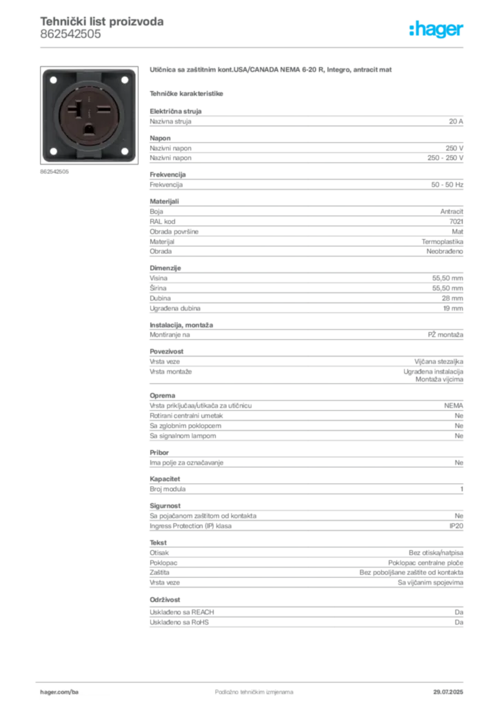 Slika Hager Product data sheet 862542505  | Hager
