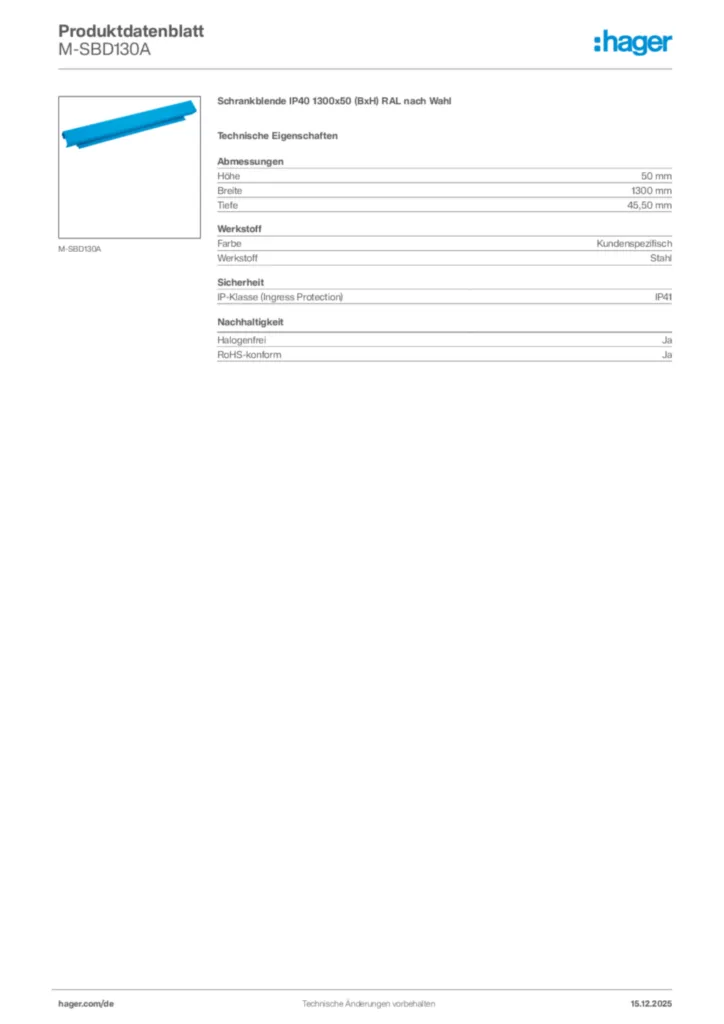 Bild Hager Produktdatenblatt M-SBD130A | Hager Deutschland