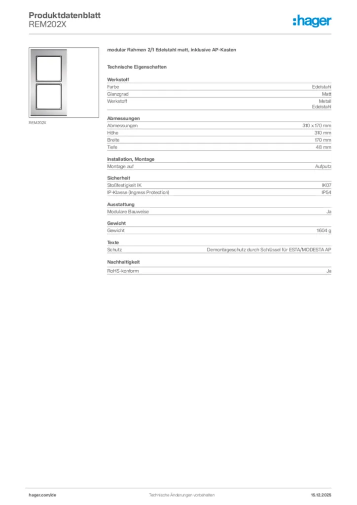 Hager Produktdatenblatt REM202X